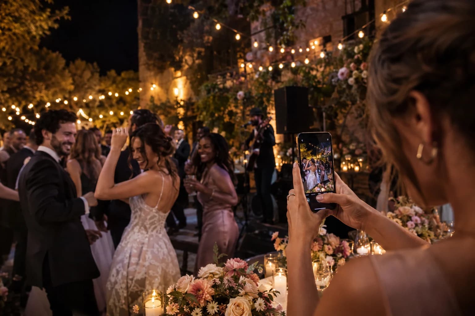 A wedding guest photographing friends dancing with a phone